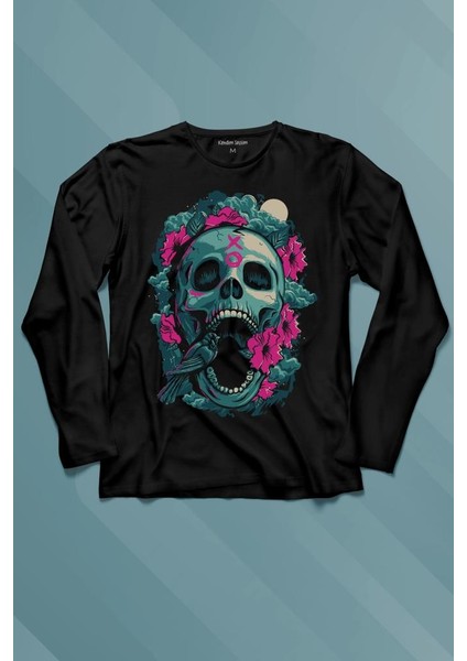 Sugar Skull Skeleton Rose Kuru Kafa Gül Uzun Kollu Tişört Baskılı T-Shirt