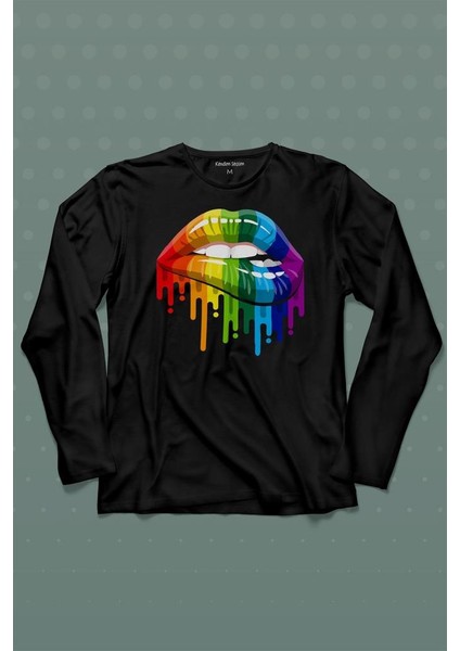 Lips Rainbow Dudak Gökkuşağı Uzun Kollu Tişört Baskılı T-Shirt