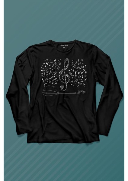 Halk Müziği Bağlama Sol Anahtarı Müzik Notası Enstrüman Uzun Kollu Tişört Baskılı T-Shirt