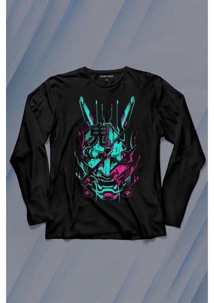 Mask Hannya Demon Japonca Japanese Maske Oni Uzun Kollu Tişört Baskılı T-Shirt