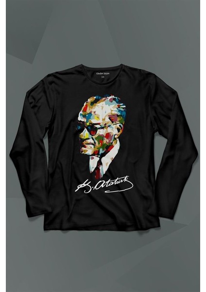 Karizma Gözlüklü Gazi Mustafa Kemal Atatürk Portresi Uzun Kollu Tişört Baskılı T-Shirt