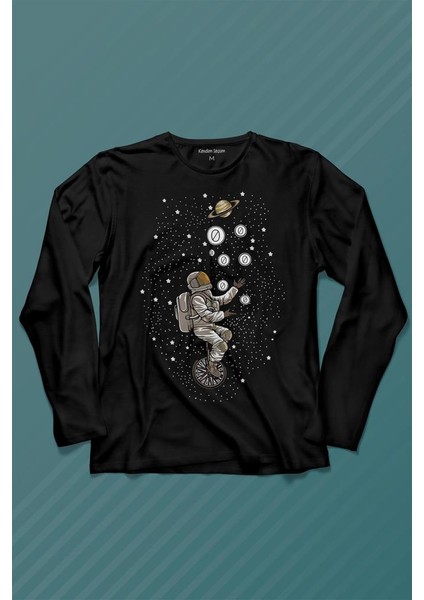 Uzayda Jonglör Astronot Top Çeviren Hokkabaz Cosmos Uzun Kollu Tişört Baskılı T-Shirt
