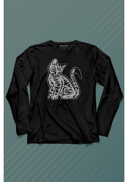 Sevimli Minik Patili Bıyıklı Cat Minnoş Mahçup Üzgün Kedi Uzun Kollu Tişört Baskılı T-Shirt