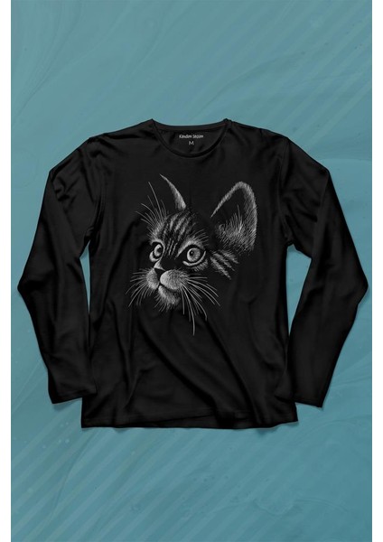 Kedi Silüeti Black Cat Çizim Uzun Kollu Tişört Baskılı T-Shirt