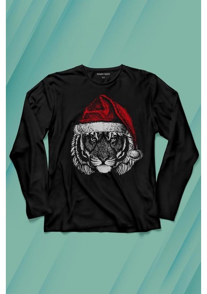Tiger Wild Cat Kaplan Fesli Noel Şapkalı Yılbaşı Christmas Uzun Kollu Tişört Baskılı T-Shirt