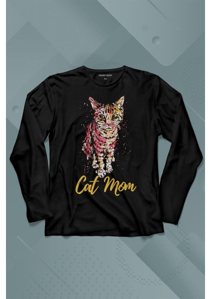 Cat Mom Kedi Mother Annesi Sevimli Masum Renkli Kedi Çizim Silüeti Uzun Kollu Tişört Baskılı T-Shirt