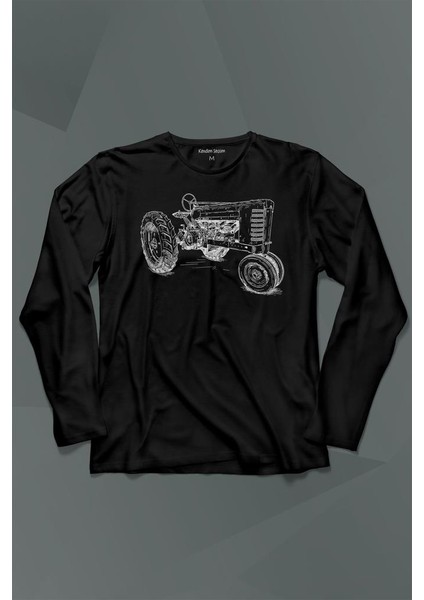 Antika Traktör Silüet Tarım Çiftçi Farmer Uzun Kollu Tişört Baskılı T-Shirt