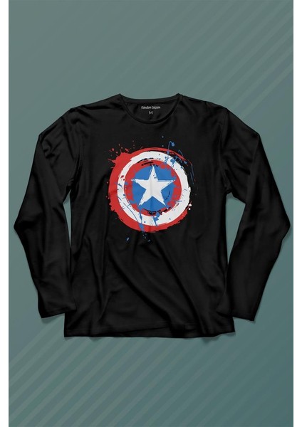 Captain America Kaptan Amerika Kalkan Logo Uzun Kollu Tişört Baskılı T-Shirt