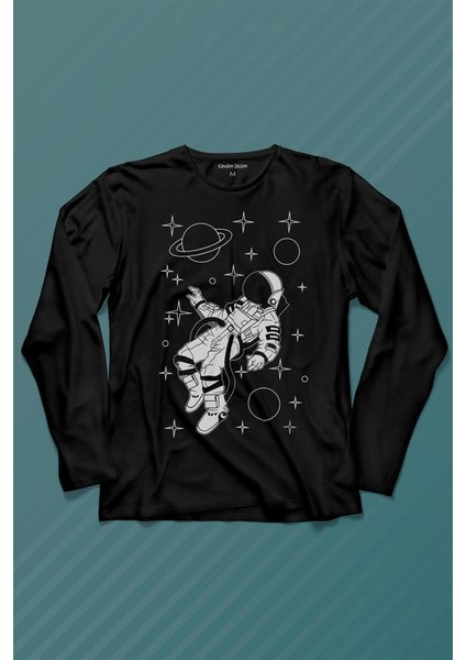 Uzayda Salınan Astronot Silüeti Satürn Gezegeni Uzun Kollu Tişört Baskılı T-Shirt