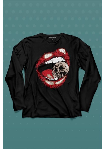 Skull Kuru Kafa Wampir Dudak Kadın Dudağı Uzun Kollu Tişört Baskılı T-Shirt