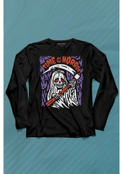 Horror Minimal Funny Kara Komik Korku Urban Uzun Kollu Tişört Baskılı T-Shirt