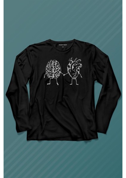 Kalp ve Beyin Aşk Akıl Mantık El Ele Duygusal Zeka Uzun Kollu Tişört Baskılı T-Shirt
