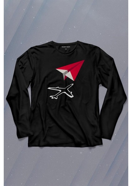 Kağıt Uçak Hayaller Hayatlar Fly Pilot Uzun Kollu Tişört Baskılı T-Shirt
