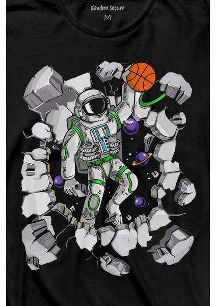 Uzayda Satürn Gezegeni Yanında Basketbol Oynayan Astronot Uzun Kollu Tişört Baskılı T-Shirt