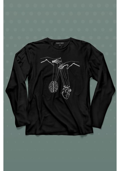 Asılan Kalp ve Beyin Aşk Akıl Mantık Minimal Uzun Kollu Tişört Baskılı T-Shirt