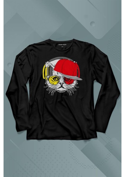 Cat Glasses Gözlüklü Sarı Kırmızı Kırmızı Kedi Uzun Kollu Tişört Baskılı T-Shirt