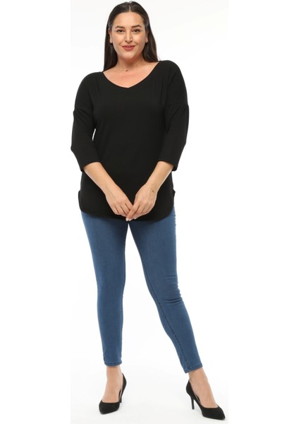 Büyük Beden Geniş V Yaka Yarım Kol Oval Yırtmaç Bluz fiyatları