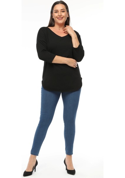 Büyük Beden Geniş V Yaka Yarım Kol Oval Yırtmaç Bluz modelleri