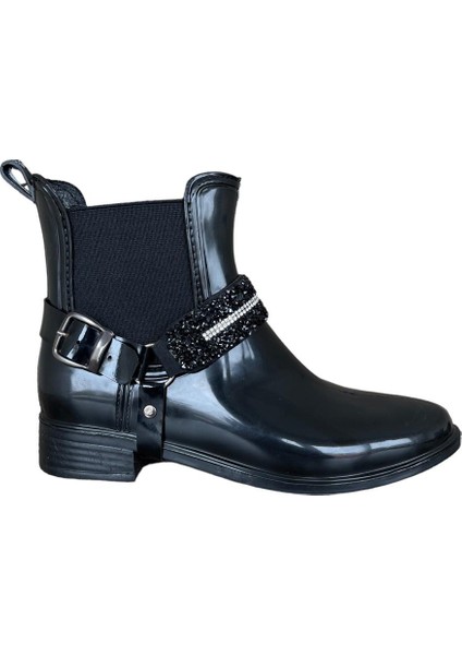 Kemerli Tokalı Kadın Yağmur Botu SİYAH - GÜMÜŞ