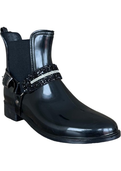 Kemerli Tokalı Kadın Yağmur Botu SİYAH - GÜMÜŞ fiyatları