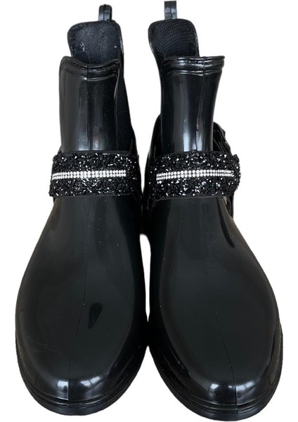 Kemerli Tokalı Kadın Yağmur Botu SİYAH - GÜMÜŞ modelleri