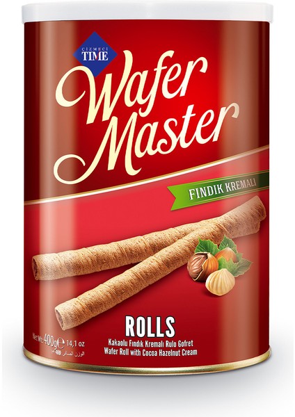 Wafer Master Rolls Kakaolu Fındık Kremalı Rulo Gofret 400 gr (Teneke Kutu)