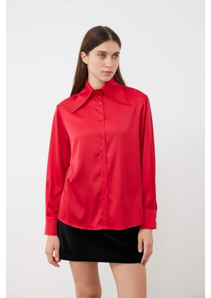 Uzun Yaka Saten Gömlek Kırmızı K2413558_006