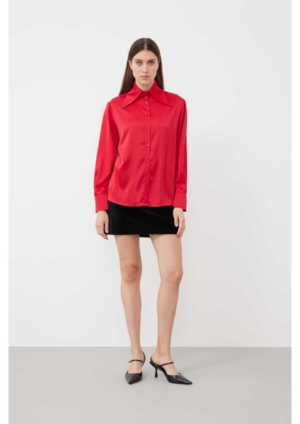 Uzun Yaka Saten Gömlek Kırmızı K2413558_006 modelleri