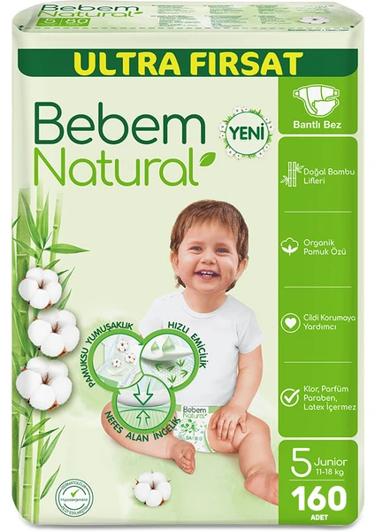 Bebem Natural Bebek Bezi Ultra Fırsat Paketi Maxi 5 Numara 160 Adet (80 x 2 Paket)