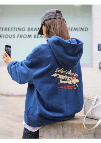 Kadın Sax Mavi The Theater Baskılı Kapüşonlu Sweatshirt