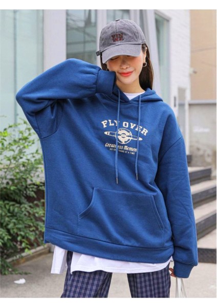 Kadın Sax Mavi The Theater Baskılı Kapüşonlu Sweatshirt fırsatları
