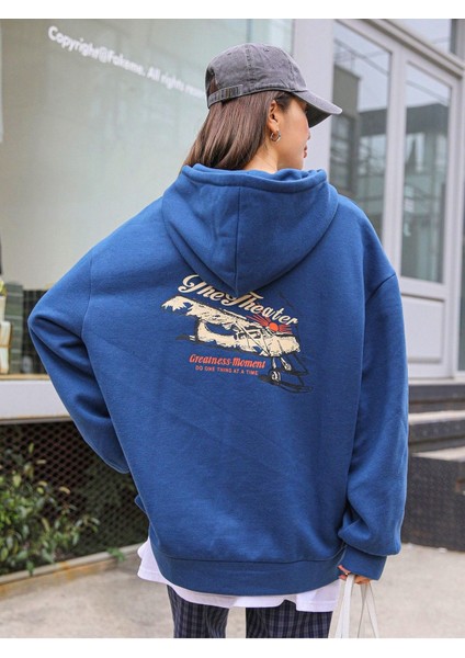 Kadın Sax Mavi The Theater Baskılı Kapüşonlu Sweatshirt indirimleri