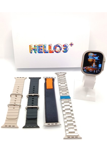 Ecocenter Hello Watch 3+ Plus Amoled Ekran 4 Kordonlu Ultra 49MM Watch 9 Şarj Pusula 4gb Rom Akıllı Saat Hellowatch3+4kordon