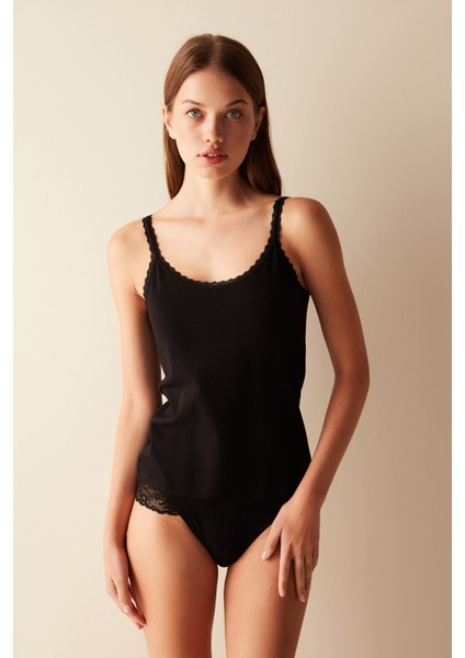 Pamuklu Dantel Detaylı Siyah Atlet