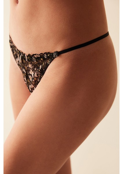 Floral V Şekil Siyah Tanga Külot