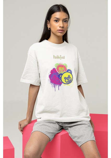 Bear Renkli Tasarım Baskılı Oversize T-Shirt fiyatları