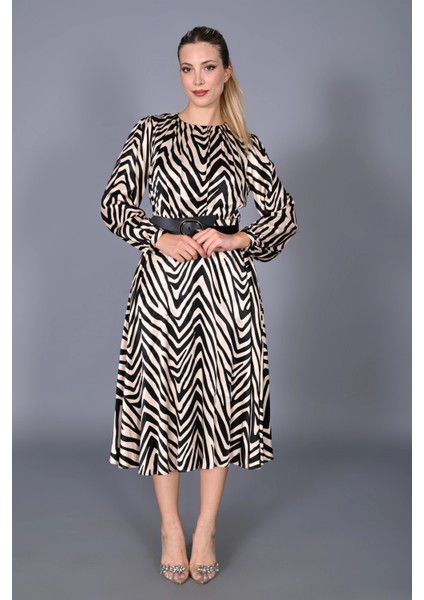 Kadın Saten Kumaş Midi Boy Özel Tasarım Desenli Elbise fiyatları