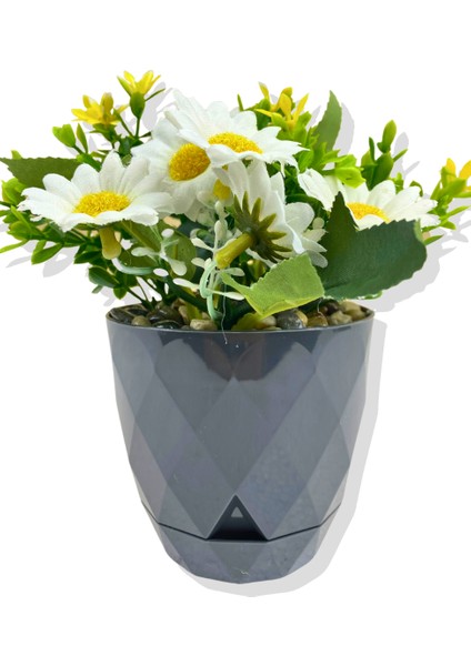 Yapay Mini Saksıda Sarı Mineli Papatya 15 cm Antrasit Saksı