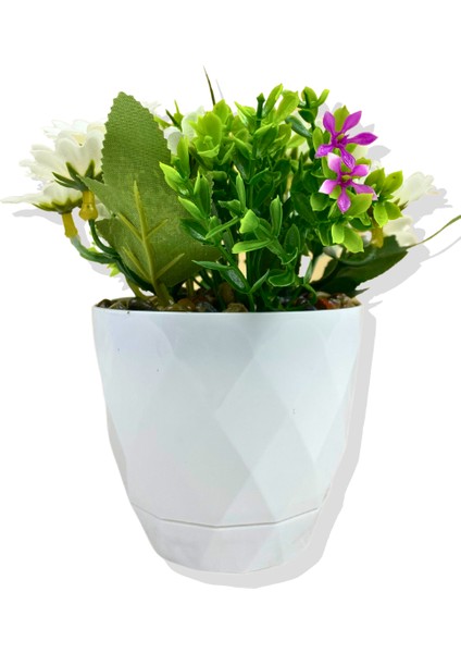 Yapay Mini Saksıda Mor Mineli Papatya 15 cm Beyaz Saksı fiyatları