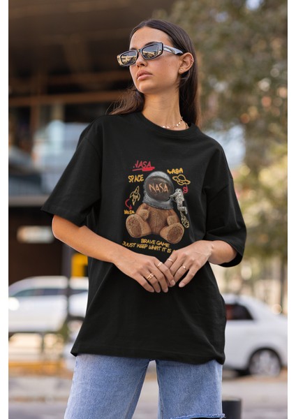 Nasa Bear Tasarım Baskılı Oversize T-Shirt