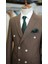 Erkek Kruvaze Çizgili Takım Elbise Italyan Kesim Slim Fit Ceket Pantolon-Açık Kahve 2