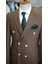 Erkek Kruvaze Çizgili Takım Elbise Italyan Kesim Slim Fit Ceket Pantolon-Açık Kahve 4