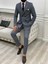 Erkek Ekoseli Kruvaze Takım Elbise Italyan Kesim Slim Fit Ceket Pantolon-Buz Mavisi 2