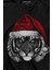 Tiger Wild Cat Kaplan Fesli Noel Şapkalı Yılbaşı Christmas Uzun Kollu Tişört Baskılı T-Shirt 2