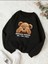 Kadın Siyah Utangaç Ayıcık Baskılı Bisiklet Yaka Sweatshirt 1