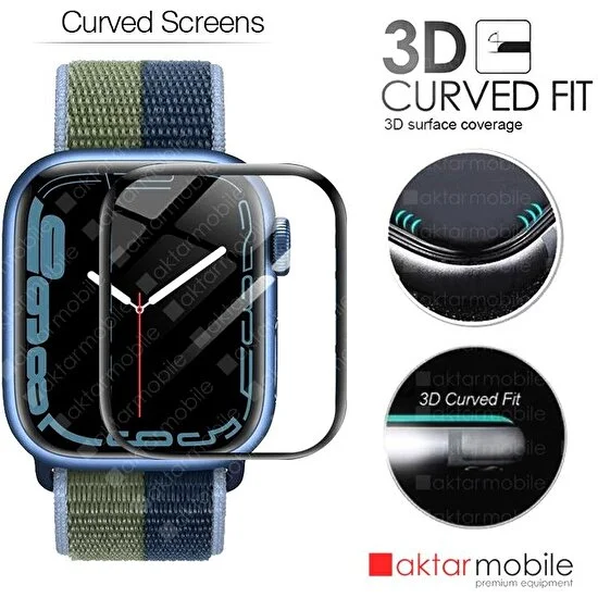 AktarMobile Apple Watch 9 45 mm Uyumlu Ekran Koruyucu 3D Tam Kapatan Kavisli Ppma Nano Cam