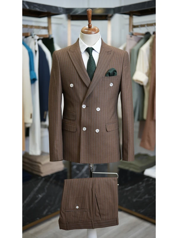 Lonatolia Erkek Kruvaze Çizgili Takım Elbise Italyan Kesim Slim Fit Ceket Pantolon-Açık Kahve