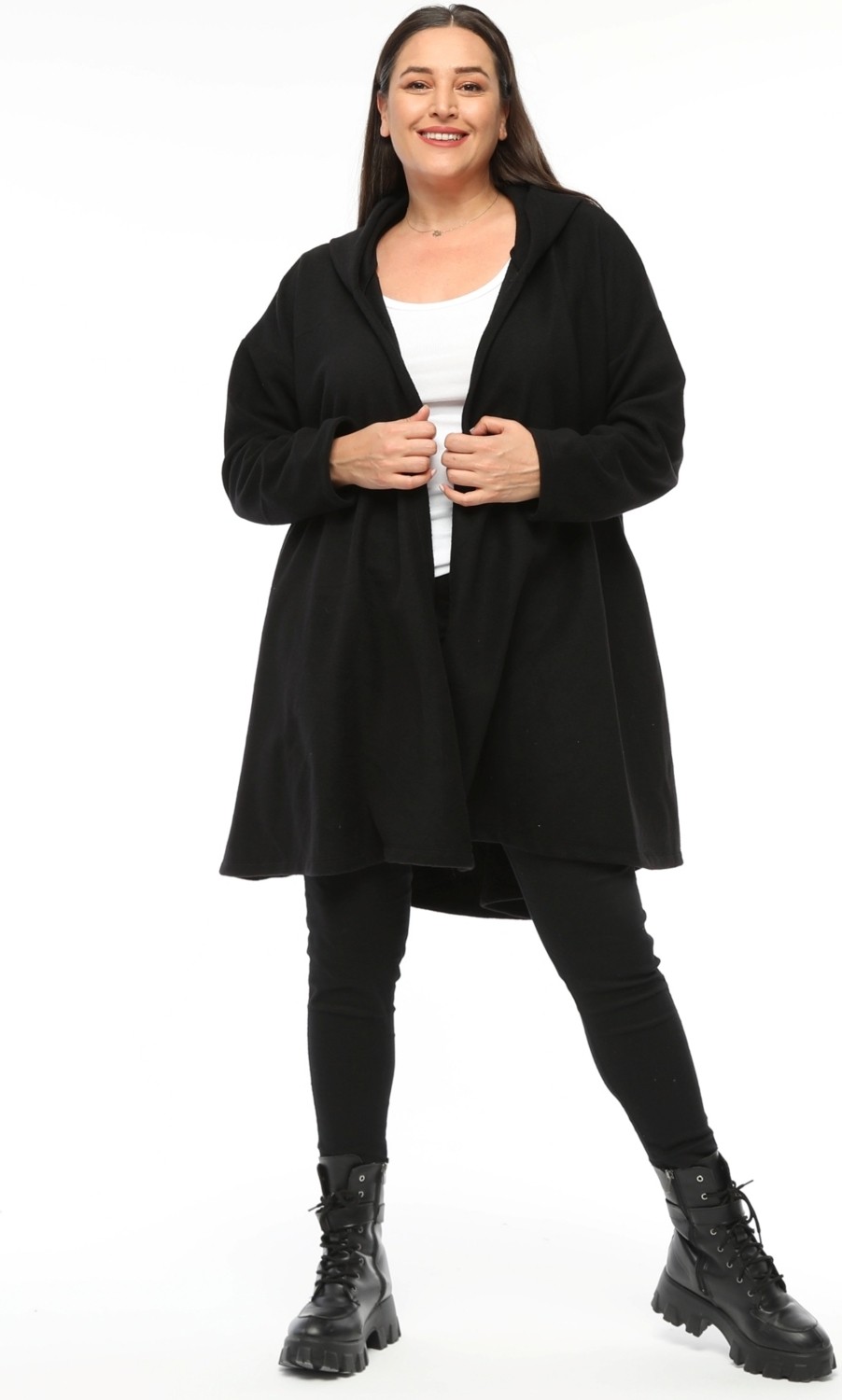 Curvy Trend Büyük Beden Kapşonlu Polar Hırka görsel 2