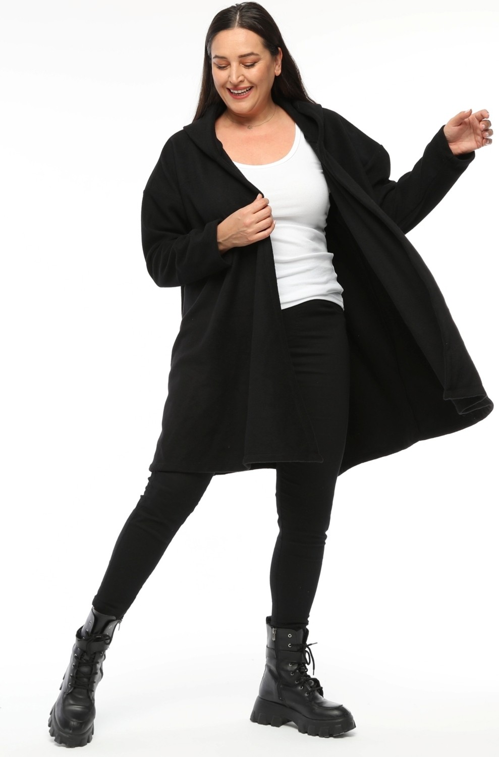Curvy Trend Büyük Beden Kapşonlu Polar Hırka görsel 3