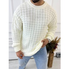 Elku Moda Kazak Oversize Kare Örme Desenli Naturel Pamuk Bol Kesim Tüylenmeyen Salaş Triko Kazak